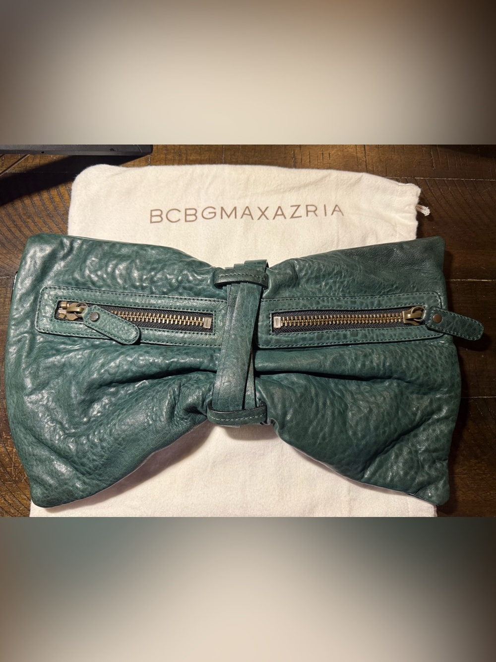 BCBGMaxAzria Teal Green Leather Fold-Over Clutch Bow with Zipper Detail